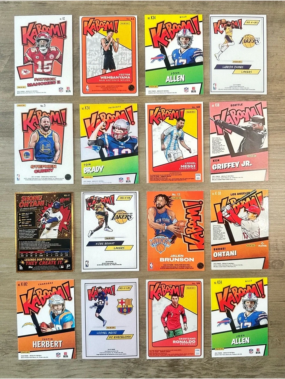 Kaboom Lot of (16) Novelty Cards. Ohtani, Mahomes, Kobe, Messi, Ronaldo, Brady…